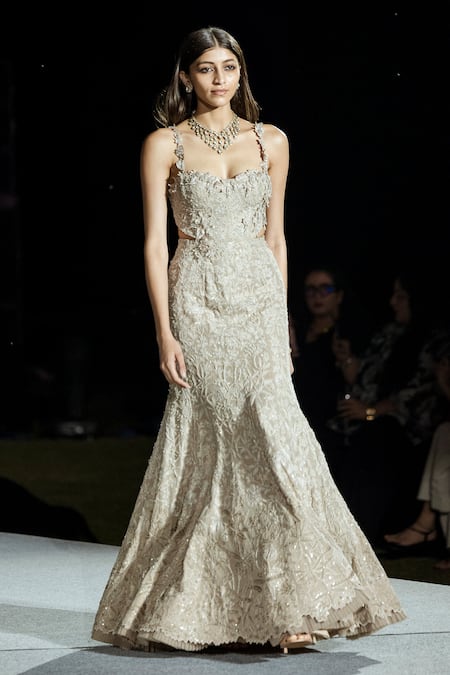 Mishru_Beige Tulle Sequins, Embroidery Sweetheart Neck Cindie Gown _Online_at_Aza_Fashions