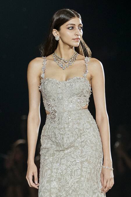 Buy_Mishru_Beige Tulle Sequins, Embroidery Sweetheart Neck Cindie Gown _Online_at_Aza_Fashions