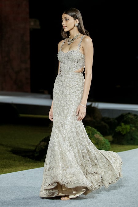 Shop_Mishru_Beige Tulle Sequins, Embroidery Sweetheart Neck Cindie Gown _Online_at_Aza_Fashions