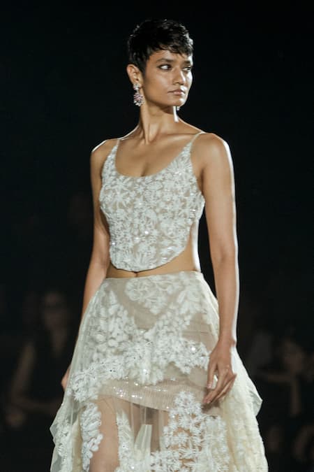 Shop_Mishru_Gold Tulle Embroidery Round Neck Champagne Skirt And Corset Set _at_Aza_Fashions
