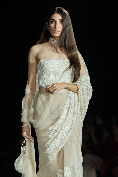 Mishru_Cream Tulle Embroidery Square Neck Champagne Jessi Saree Set _Online_at_Aza_Fashions