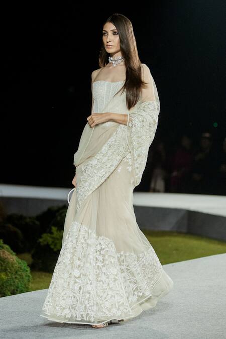 Buy_Mishru_Cream Tulle Embroidery Square Neck Champagne Jessi Saree Set _Online_at_Aza_Fashions