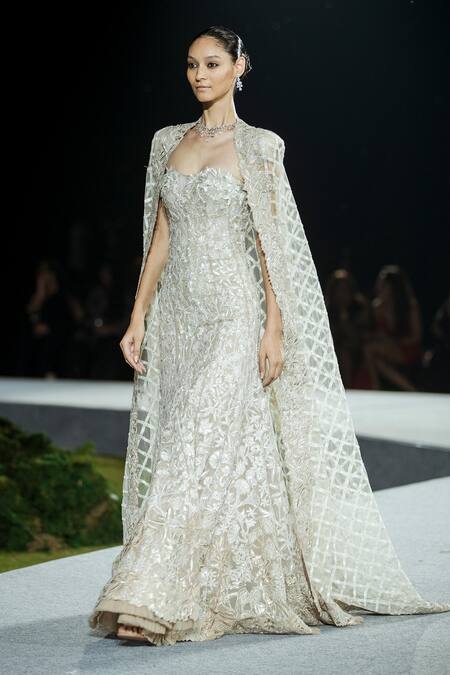 Mishru_Cream Tulle Sequins, Embroidery Sweetheart Champagne Cheryl Gown And Cape Set _Online_at_Aza_Fashions