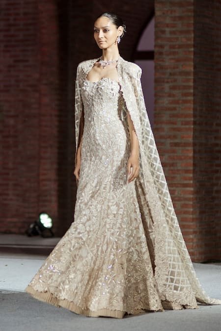 Buy_Mishru_Cream Tulle Sequins, Embroidery Sweetheart Champagne Cheryl Gown And Cape Set _Online_at_Aza_Fashions