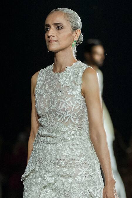 Mishru_Ivory Tulle Embroidery Round Neck Shirley Dress _Online_at_Aza_Fashions