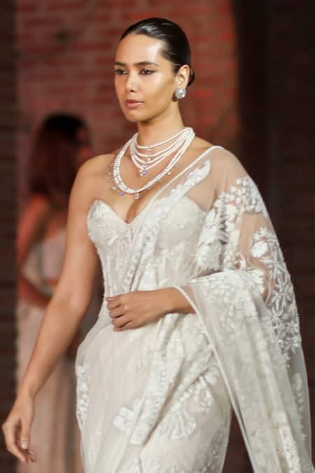 Mishru_Ivory Tulle Embroidery Sweetheart Neck Meryl Saree Set _Online_at_Aza_Fashions