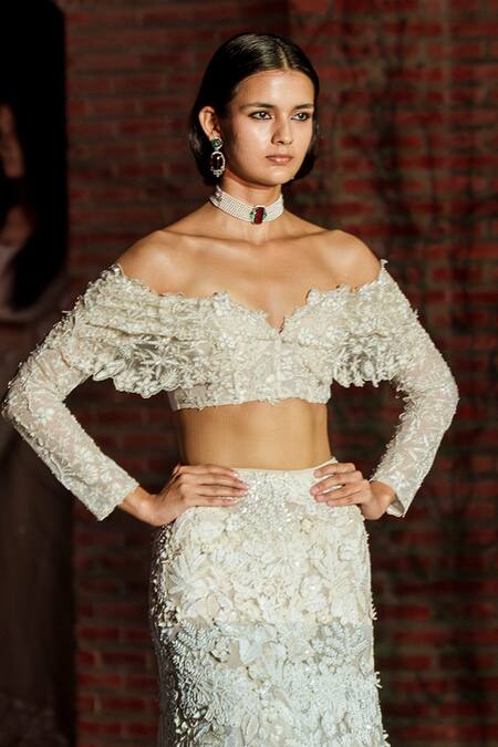 Mishru_Ivory Tulle Embroidery Off-shoulder Josie Skirt Set _Online_at_Aza_Fashions