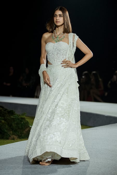 Shop Mishru Ivory Organza Sequins, Embroidery Sweetheart Neck Keira Lehenga Set at Aza Fashions Shop_Mishru_Ivory Organza Sequins, Embroidery Sweetheart Neck Keira Lehenga Set _at_Aza_Fashions