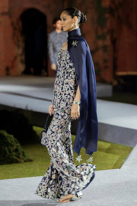 Mishru Navy Organza Embroidery Off-shoulder Caradonna Kurta Set Online at Aza Fashions Mishru_Navy Organza Embroidery Off-shoulder Caradonna Kurta Set _Online_at_Aza_Fashions