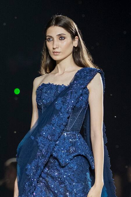 Mishru Navy Tulle Sequins Off-shoulder Blue Kate Lehenga Set Online at Aza Fashions Mishru_Navy Tulle Sequins Off-shoulder Blue Kate Lehenga Set _Online_at_Aza_Fashions