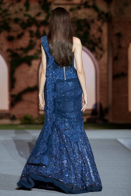 Shop Mishru Navy Tulle Sequins Off-shoulder Blue Kate Lehenga Set at Aza Fashions Shop_Mishru_Navy Tulle Sequins Off-shoulder Blue Kate Lehenga Set _at_Aza_Fashions