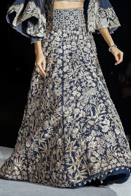 Mishru Navy Organza Embroidery Square Neck Tricia Floral Lehenga Set Online at Aza Fashions Mishru_Navy Organza Embroidery Square Neck Tricia Floral Lehenga Set _Online_at_Aza_Fashions