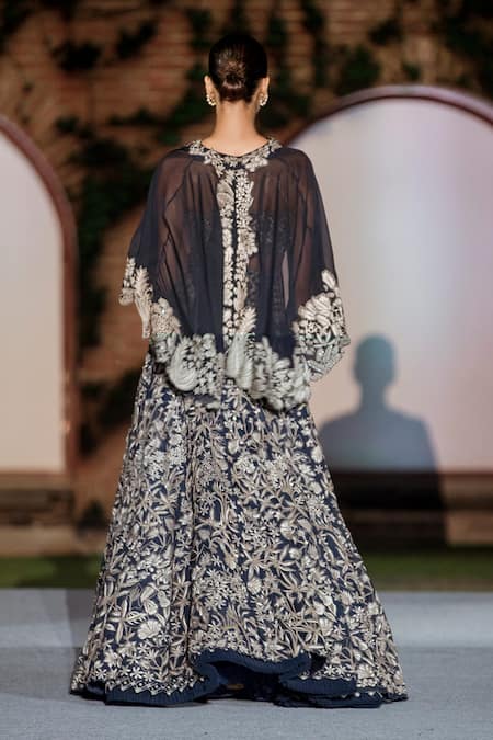 Shop Mishru Navy Organza Embroidery Square Neck Tricia Floral Lehenga Set at Aza Fashions Shop_Mishru_Navy Organza Embroidery Square Neck Tricia Floral Lehenga Set _at_Aza_Fashions