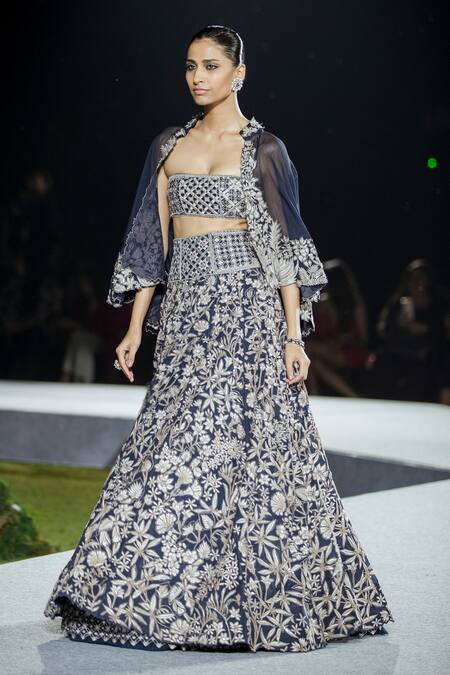 Buy Mishru Navy Organza Embroidery Square Neck Tricia Floral Lehenga Set Online at Aza Fashions Buy_Mishru_Navy Organza Embroidery Square Neck Tricia Floral Lehenga Set _Online_at_Aza_Fashions