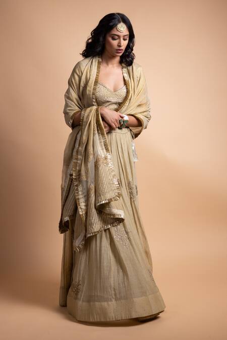 Shop_Rhua_Green , Silk, Tissue Mirrors, Mukaish Classic Lehenga Set _Online_at_Aza_Fashions