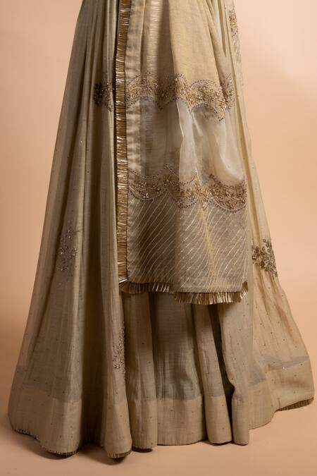Rhua_Green , Silk, Tissue Mirrors, Mukaish Classic Lehenga Set _at_Aza_Fashions