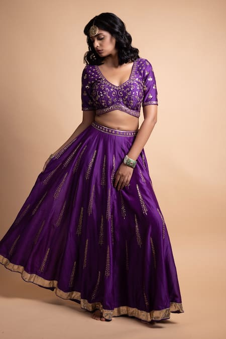 Rhua_Purple Chanderi Silk, Net Embroidery, Sequins V-neck Lehenga Set _Online_at_Aza_Fashions