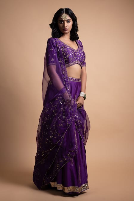 Buy_Rhua_Purple Chanderi Silk, Net Embroidery, Sequins V-neck Lehenga Set _Online_at_Aza_Fashions