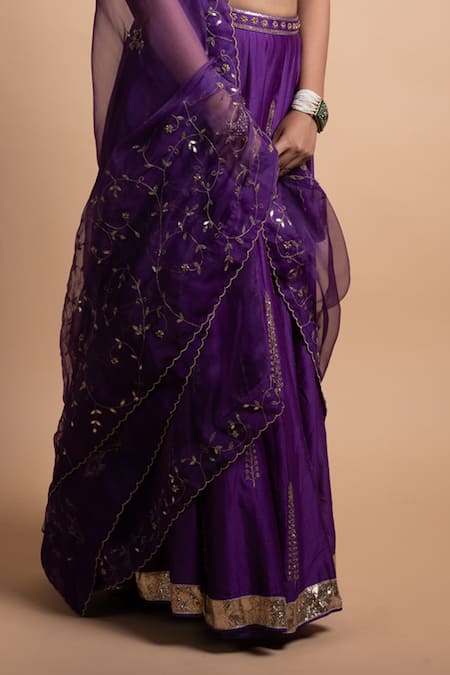 Shop_Rhua_Purple Chanderi Silk, Net Embroidery, Sequins V-neck Lehenga Set _Online_at_Aza_Fashions