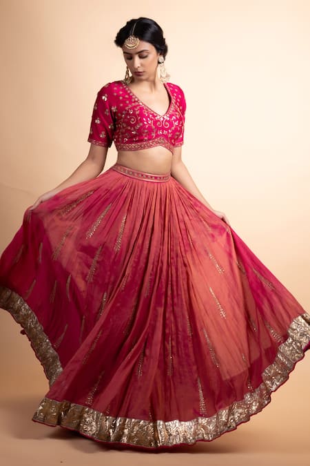 Rhua_Pink Chanderi Silk, Chanderi, Organza Sequins, Embroidery V-neck Lehenga Set _Online_at_Aza_Fashions