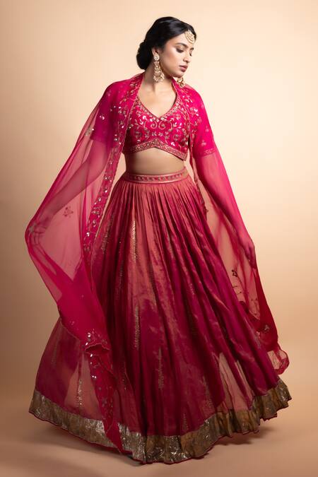 Shop_Rhua_Pink Chanderi Silk, Chanderi, Organza Sequins, Embroidery V-neck Lehenga Set _at_Aza_Fashions