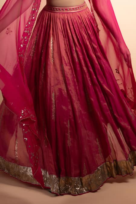 Buy_Rhua_Pink Chanderi Silk, Chanderi, Organza Sequins, Embroidery V-neck Lehenga Set _Online_at_Aza_Fashions