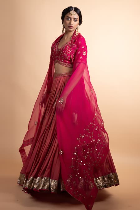 Shop_Rhua_Pink Chanderi Silk, Chanderi, Organza Sequins, Embroidery V-neck Lehenga Set _Online_at_Aza_Fashions