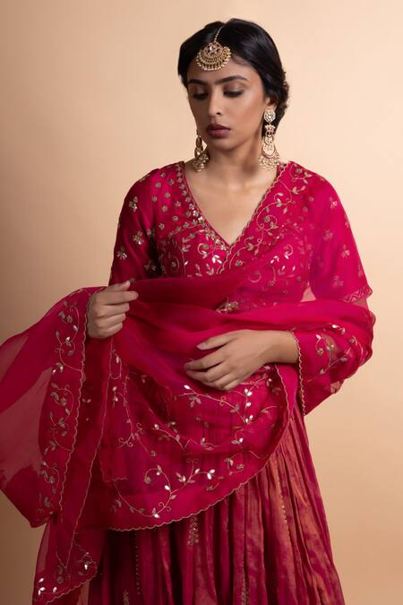 Rhua_Pink Chanderi Silk, Chanderi, Organza Sequins, Embroidery V-neck Lehenga Set _at_Aza_Fashions