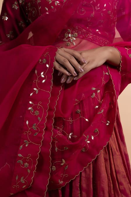Shop_Rhua_Pink Chanderi Silk, Chanderi, Organza Sequins, Embroidery V-neck Lehenga Set 