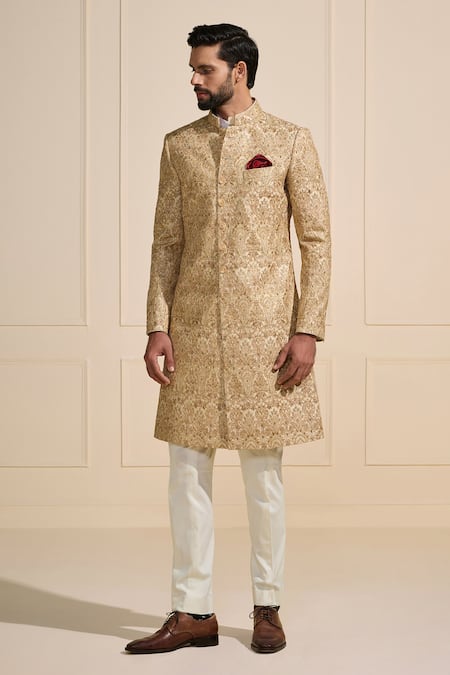 Shop_Raghavendra Rathore Jodhpur_Gold Brocade Gilded Tapestry Royale Sherwani _Online_at_Aza_Fashions