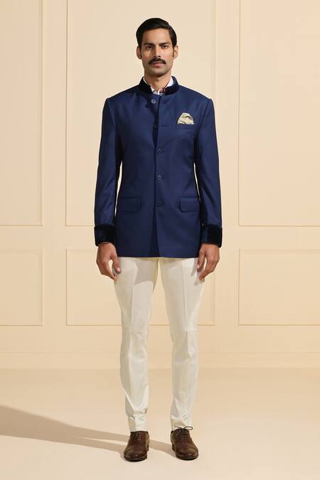 Buy_Raghavendra Rathore Jodhpur_Blue Satin Navy Luxe Elite Bandhgala With Contrast Details _Online_at_Aza_Fashions