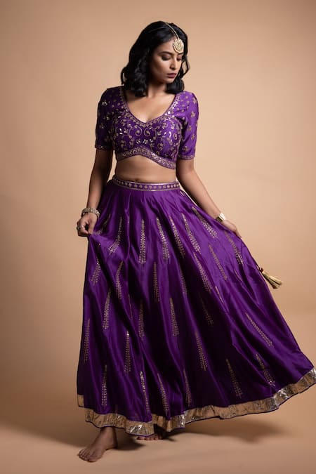 Shop_Rhua_Purple Chanderi Silk, Net Embroidery, Sequins V-neck Lehenga Set _at_Aza_Fashions