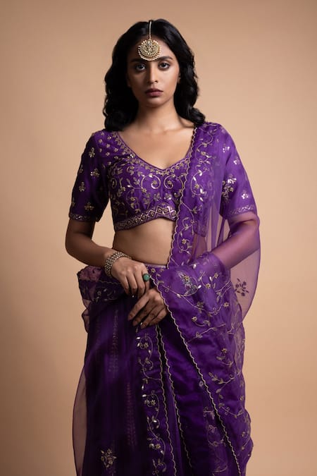 Rhua_Purple Chanderi Silk, Net Embroidery, Sequins V-neck Lehenga Set _at_Aza_Fashions