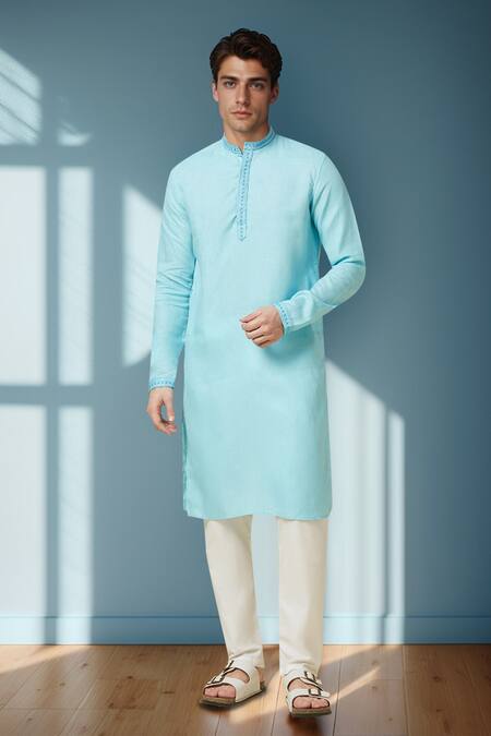 Buy_Arihant Rai Sinha_Blue Linen Sky Pure Long Kurta _Online_at_Aza_Fashions