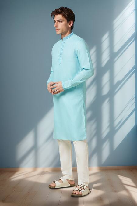 Shop_Arihant Rai Sinha_Blue Linen Sky Pure Long Kurta _Online_at_Aza_Fashions