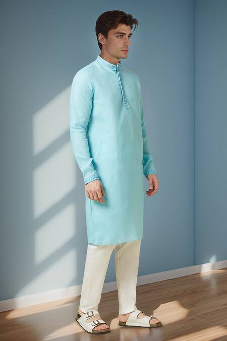 Arihant Rai Sinha_Blue Linen Sky Pure Long Kurta _at_Aza_Fashions