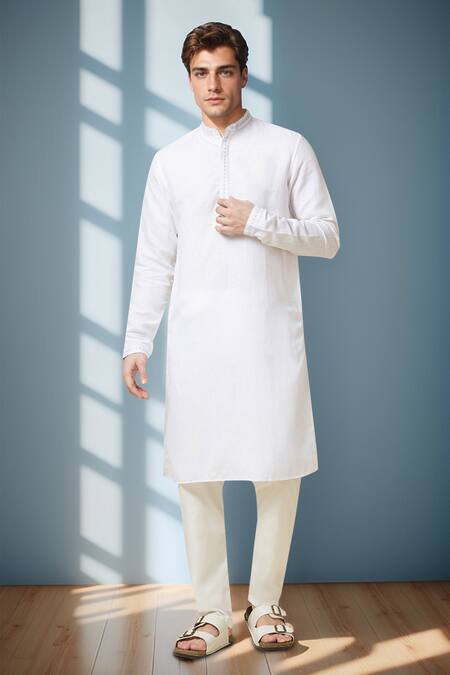 Buy_Arihant Rai Sinha_White Linen Embroidery Pure Long Kurta _Online_at_Aza_Fashions