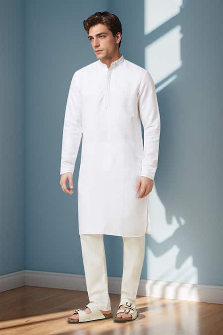 Arihant Rai Sinha_White Linen Embroidery Pure Long Kurta _at_Aza_Fashions