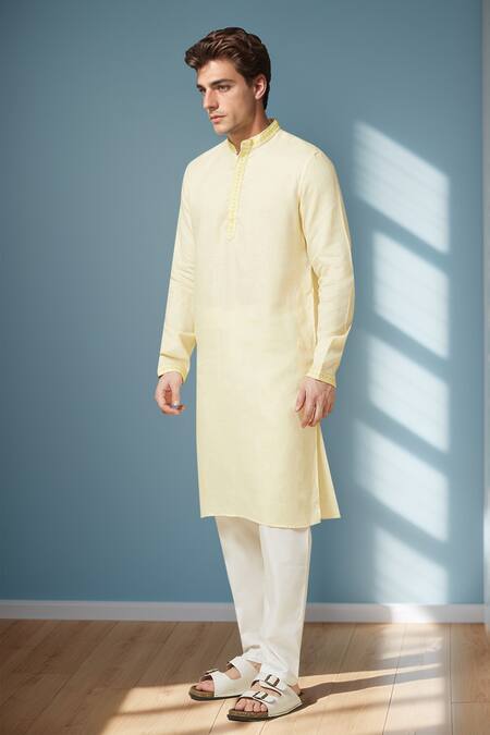 Arihant Rai Sinha_Yellow Linen Embroidery Pure Long Kurta _Online_at_Aza_Fashions