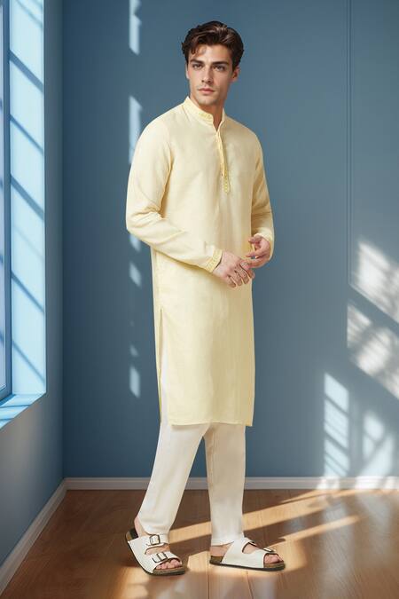 Buy_Arihant Rai Sinha_Yellow Linen Embroidery Pure Long Kurta _Online_at_Aza_Fashions