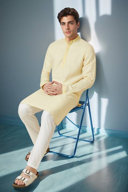 Arihant Rai Sinha_Yellow Linen Embroidery Pure Long Kurta _at_Aza_Fashions