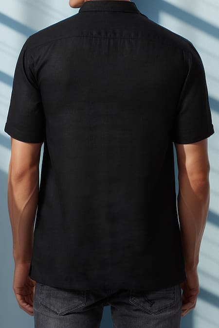 Shop_Aryavir Malhotra_Black Linen Embroidery Equestrian Polo Pure T-shirt _at_Aza_Fashions