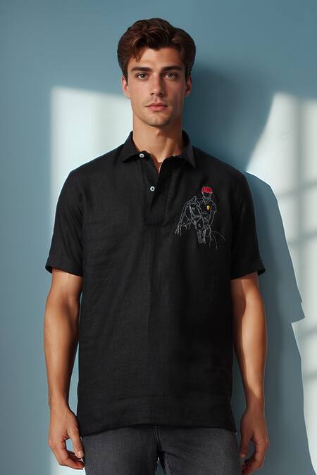 Buy_Aryavir Malhotra_Black Linen Embroidery Equestrian Polo Pure T-shirt _Online_at_Aza_Fashions