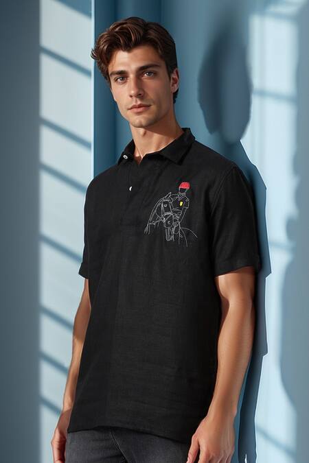 Aryavir Malhotra_Black Linen Embroidery Equestrian Polo Pure T-shirt _at_Aza_Fashions