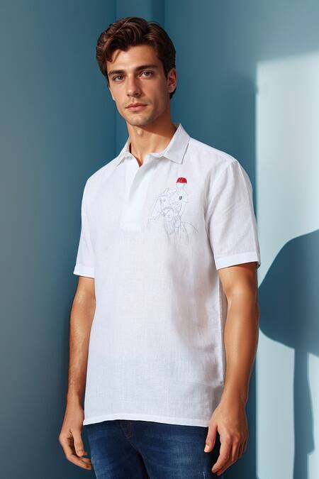 Buy_Aryavir Malhotra_White Linen Embroidery Equestrian Polo Pure T-shirt _Online_at_Aza_Fashions