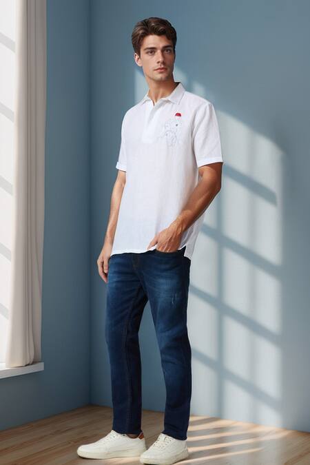Aryavir Malhotra_White Linen Embroidery Equestrian Polo Pure T-shirt _at_Aza_Fashions