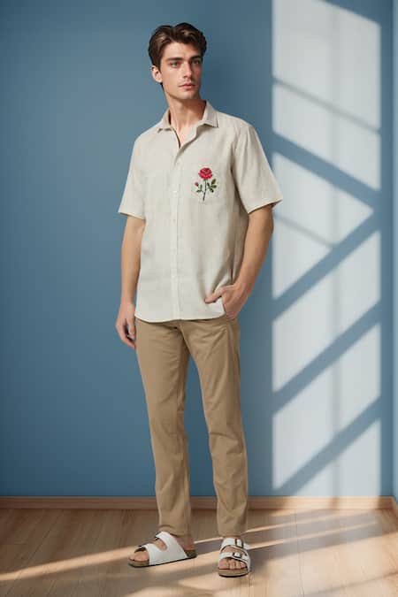 Buy_Arihant Rai Sinha_Beige Linen Embroidery Casual Shirt _Online_at_Aza_Fashions