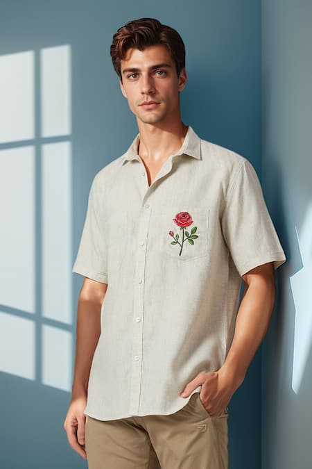Arihant Rai Sinha_Beige Linen Embroidery Casual Shirt _at_Aza_Fashions