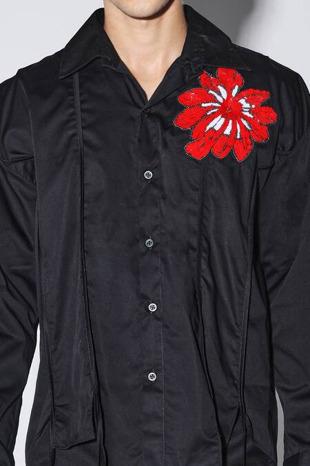 Dark Hour_Black Cotton Satin Embroidery Designer Enoch Shirt _Online_at_Aza_Fashions