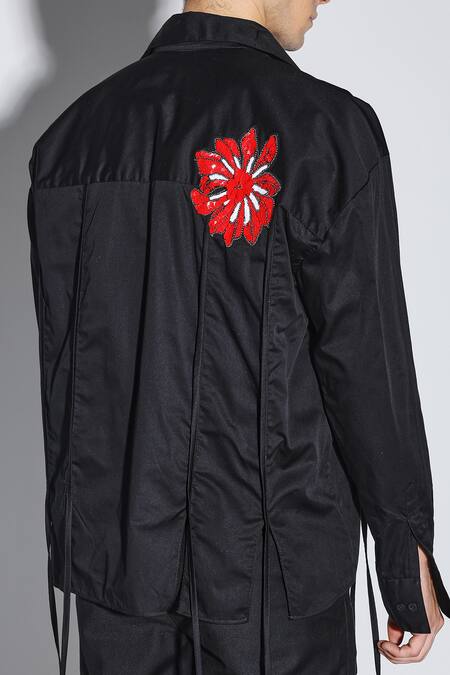 Buy_Dark Hour_Black Cotton Satin Embroidery Designer Enoch Shirt _Online_at_Aza_Fashions